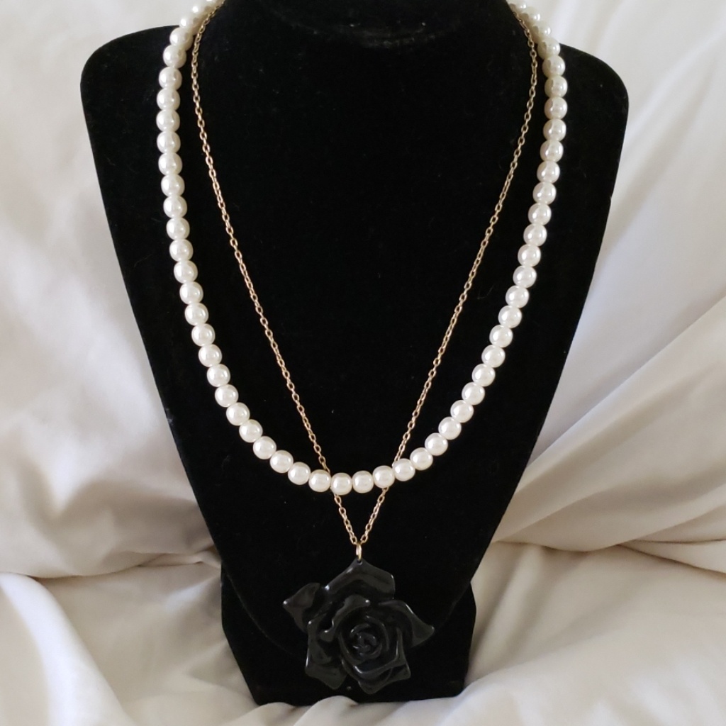 Black Rose And Faux Pearl Statement Necklace